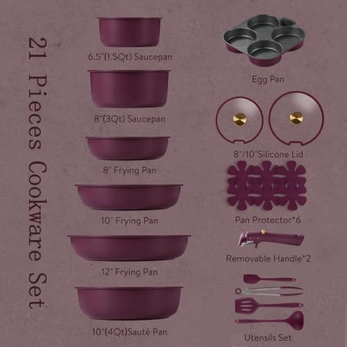 CAROTE 21pcs Pots and Pans Set Non Stick, Detachable Handle Cookware Sets