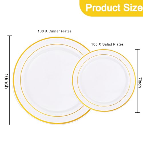 I00000 200 Pcs Gold Plastic Plates, Premium Disposable Gold Plates | Gold Rimmed Plastic Plates, BPA Free, Perfect for Wedding, Birthday, Holidays, Party, 100 Dinner & 100 Dessert Plates