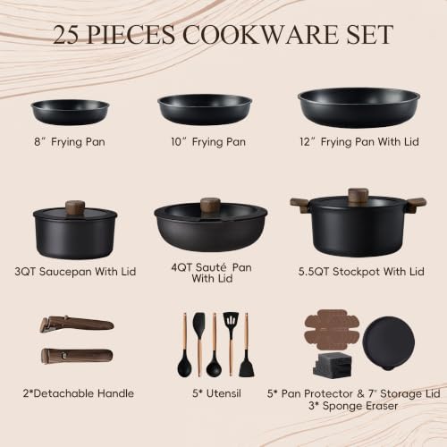 CAROTE 25pcs Pots and Pans Set Non Stick, Detachable Handle Cookware Sets
