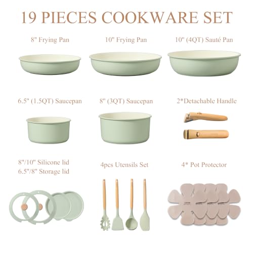 CAROTE 19pcs Pots and Pans Set Non Stick, Detachable Handle Cookware, Green