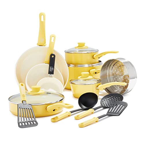 GreenLife 16 Piece Ceramic Nonstick Pots & Pans Cookware Set, Yellow