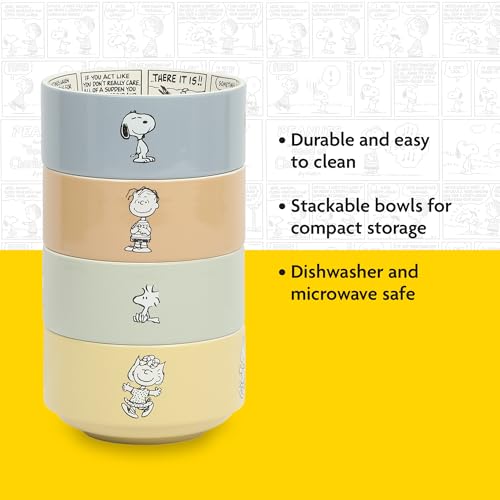 Peanuts Snoopy Bonbon Bites 4-Piece 5.5-Inch Decorated Stoneware Ceramic Stackable Bowl Set, Microwave & Dishwasher Safe Snack and Dessert Bowls