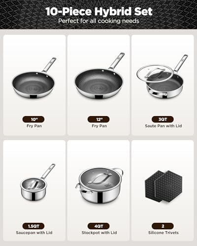 Pots and Pans Set Hybrid Stainless Steel, 10PC Nonstick Cookware Set