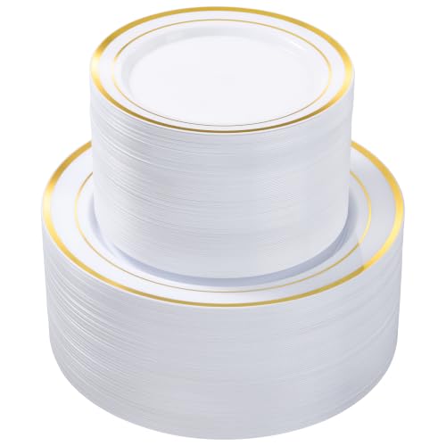 Goodluck 200PCS Gold Plastic Plates, Heavy Duty Disposable Gold Plates | 100 10.25 inch Dinner Plates and 100 7.5 inch Dessert Plates for Party, Holiday, Wedding, Thanksgiving