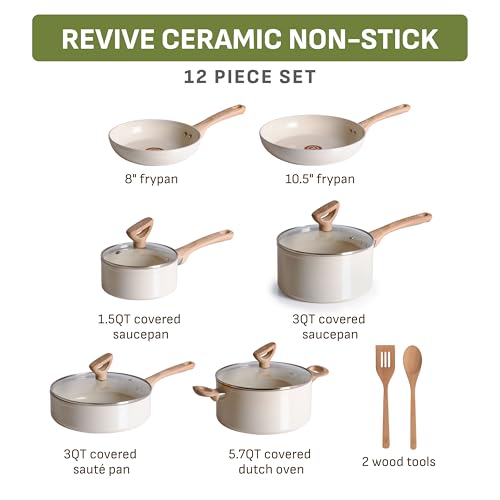 T-Fal Revive Ceramic Nonstick Pots and Pans Set, 12-Piece, Beige Granite