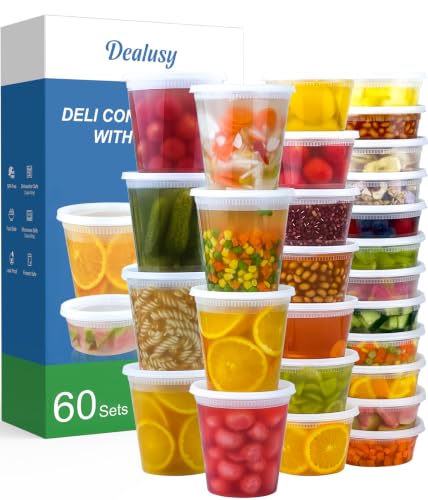 Dealusy 60 Set Deli Containers with Lids, 32/16/8 oz X 20 Set Each | Leak-Proof BPA Free Plastic Take Out Bowls, Food Storage Containers for Takeout, Freezer, Microwave & Dishwasher Safe