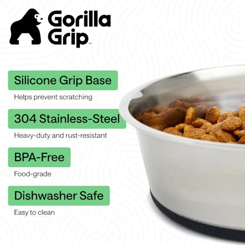 GORILLA GRIP Dog Bowl Set, Food Grade 304 Stainless Steel, 2 Cup, Black | Dishwasher Safe Stainless Steel Pet Feeding Bowls Hold 16 fl oz Each, Durable Silicone Grip Base