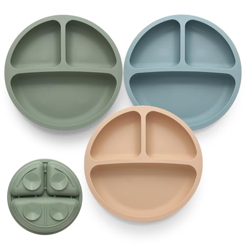Eascrozn Toddler Plates 3 Pack, Divided Suction Plates for Baby | BPA Free, Food Grade Silicone Baby Plates, Non-Slip, Baby Led Weaning Supplies, Microwave and Dishwasher Safe