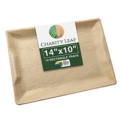 Charity Leaf Disposable Bamboo 14" x 10" Trays (10 Pieces) Bamboo Serving Platters, Disposable Boards, Eco-Friendly Dinnerware For Weddings, Catering, Events