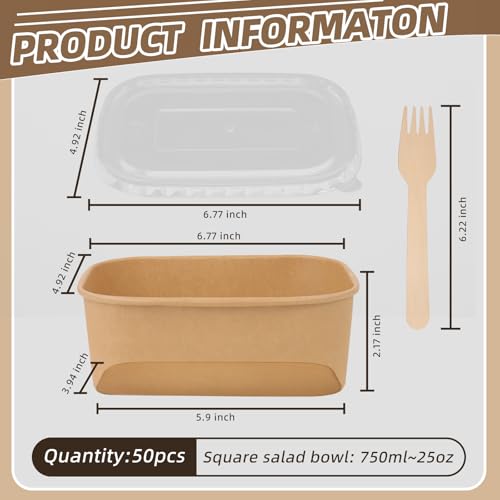 DeziWood 50 Pack 25 oz Paper Food Containers with Lids, Meal Prep Containers Disposable Large Paper Bowls, Microwavable and Freezer Storage Use Cardboard Food Containers