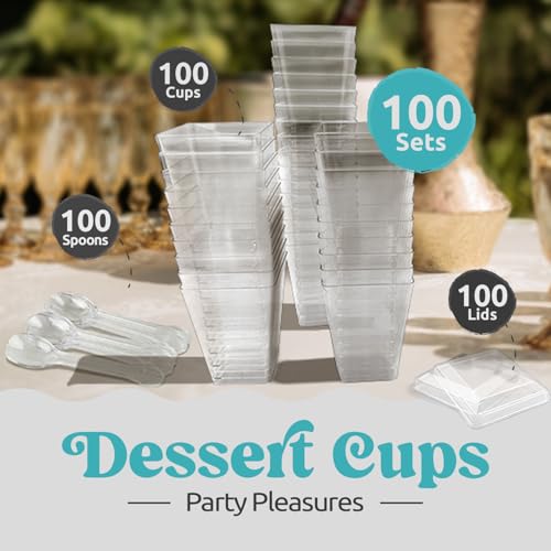 Sammray 100 Pack 5 oz Dessert Cups with Lids and Spoons, Plastic Parfait | 300 pcs serves 100; Disposable Clear Mini Party Set for Mousse, Tiramisu, Pudding, Appetizer, Salad, Yogurt, Cake, Wedding