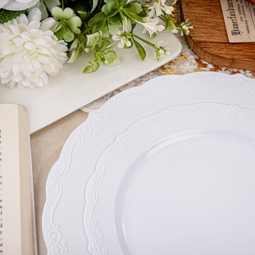 U-QE 100 Pcs White Plastic Plates, White Plates Disposable for Party | Disposable, Premium Hard Plastic, For Wedding and Party Use, 50 Dinner Plates 10'', 50 Dessert Plates 7.5''