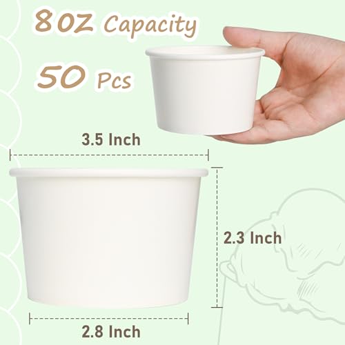 ESSENTIAL Paper Ice Cream Cups, 50 Pcs 8oz Paper Snack Bowls | Disposable Dessert Bowls (No Lids) for Hot or Cold Food, Paper Snack Containers for Sundae, Frozen Yogurt, Soup (White)