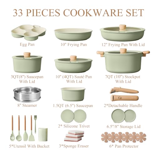 CAROTE 33pcs Pots and Pans Set Non Stick, Detachable Handle Cookware, Green