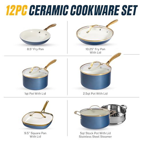 GOTHAM STEEL 12 Pc Titanium Ceramic Cookware Set Nonstick, Diamond Infused