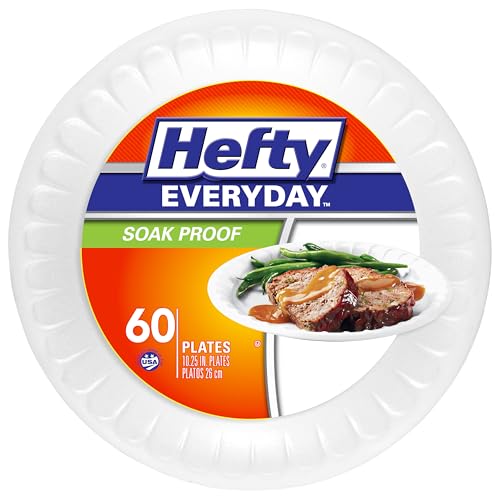 Hefty Everyday Soaf Proof Round Foam Plates, White, 10.25 inches, 60ct | Large Disposable White Plates for Dinners, Pastas, and More, Great for Everyday Use, Easy Cleanup, Soak Proof