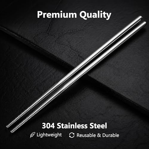 Maclia 6 Pairs 304 Stainless Steel Reusable Chopsticks, Silver | Non-Slip Tips, Dishwasher Safe & Lightweight, For Sushi, Ramen, Noodles, Rice & Asian Cuisine, Premium Gift Set, Food Grade