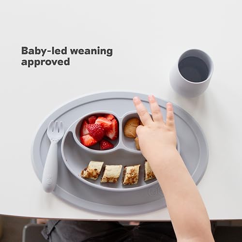 ezpz Mini Mat (Sage) - 6 -12 Months+ - 100% Silicone Suction Placemat + Divided Plate with Three Compartments - Supports Baby-Led Weaning - Designed for Highchair, Table, and Travel