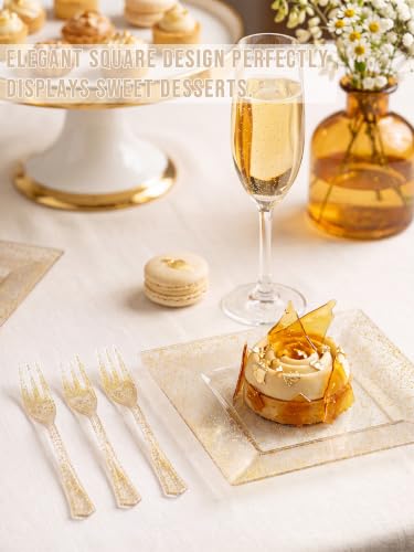 DaYammi 200Pcs Gold Dessert Plates Including 100Pcs Appetizer Plates 6",100Pcs Plastic Forks 5.7",Gold Glitter Plastic Square Plate for Party,Gold Salad Plate and Cake Forks for Party Wedding