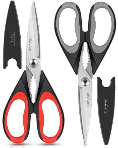 iBayam Kitchen Scissors Shears All Purpose Heavy Duty, Protective Sheath | 2-Pack, Ultra-Sharp Stainless Blades, Soft Comfort-Grip, Dishwasher Safe, Cooking Tool & Gadget Sets Poultry Kitchen Utensils