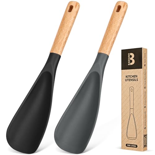 Badiano Silicone Cooking Spoon for Nonstick Cookwares, Multi-function,11.4" | Great for Cooking and Serving, Sturdy BPA-Free Matte Silicone, Wood Handle Spoon for Mixing, Scoop, and Scrape, Black & Grey