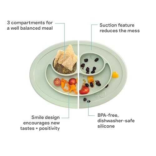 ezpz Mini Mat (Sage) - 6 -12 Months+ - 100% Silicone Suction Placemat + Divided Plate with Three Compartments - Supports Baby-Led Weaning - Designed for Highchair, Table, and Travel