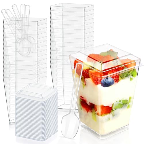 LAIYPHO 5oz Plastic Dessert Cups with Lids and Spoons, Clear Square 20 Pack | Small Yogurt Parfait Cups with Lids, Mini Dessert Shooter Cups with Spoons, Appetizer Cups for Party, Fruit Pudding Ice Cream