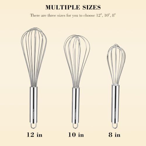 NileHome 3-Pack Stainless Steel Whisk Set, Kitchen Utensils for Cooking | Food-grade Material,Dishwasher Safe,8in+10in+12in,Easy to Clean and Store,Perfect for Cooking,Whisking and Blending