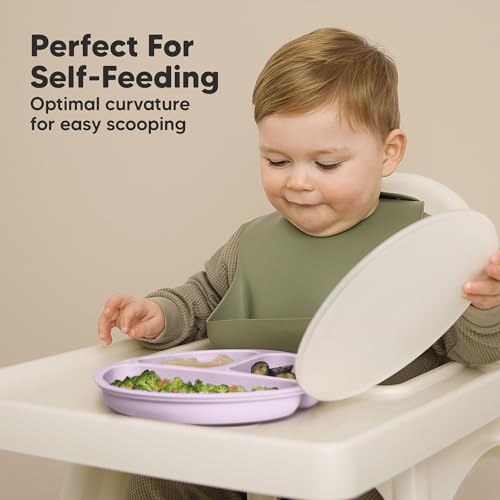 KeaBabies Suction Plates with Lids for Baby, 3pk,BPA-Free Silicone,Amethyst | Food Grade Silicone Toddler Plates with Suction, Divided, Kids Baby Led Weaning Essentials, Dishwasher & Microwave Safe