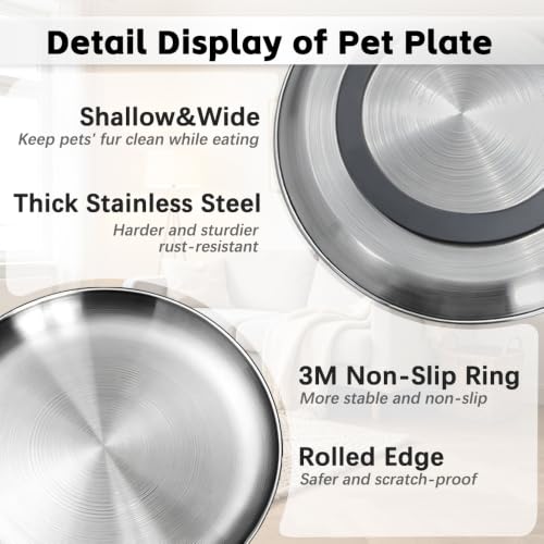 2-Pack Stainless Steel Basic Cat Bowls, Whisker-Friendly Thickened 6.7" Shallow Food Plates, 3M Adhesive Non-Slip Fixed Base, for Home/Outdoor Use with All Foods for Cats, Kittens & Small Pets