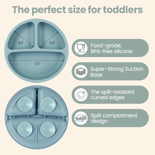 Eascrozn Toddler Plates 3 Pack, Divided Suction Plates for Baby | BPA Free, Food Grade Silicone Baby Plates, Non-Slip, Baby Led Weaning Supplies, Microwave and Dishwasher Safe