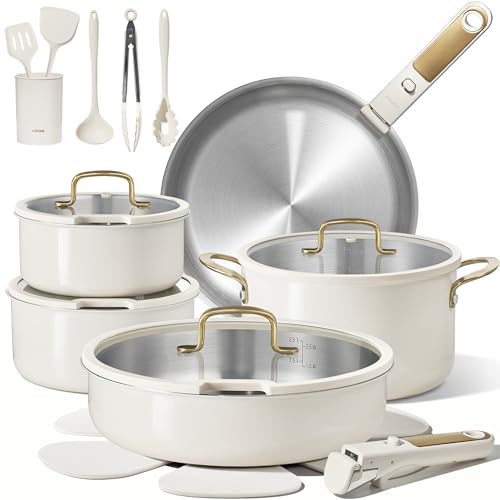 CAROTE 21pcs Tri-Ply Stainless Steel Cookware Set with Detachable Handle