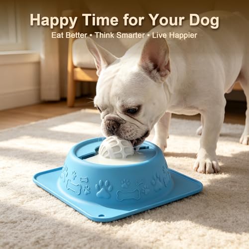 Slow Feeder Dog Bowl for Liquid Treats, Anti-Slip Lick Bowl, Bone Broth and Yogurt Puzzle Feeder, Dog Enrichment Toys No Spill Pet Bowl Pup Lick Toy for Dogs and Cats, Anxiety Relief, Blue