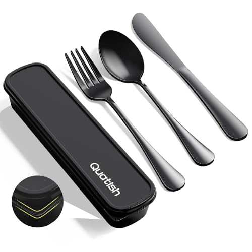 Quatish Travel Utensils with Case, Stainless Steel Cutlery Set, Black | Portable, Dishwasher Safe, Silverware Set, Reusable Camping Utensils, Fork and Spoon Set for Picnic, Camping, Work, Lunch Box