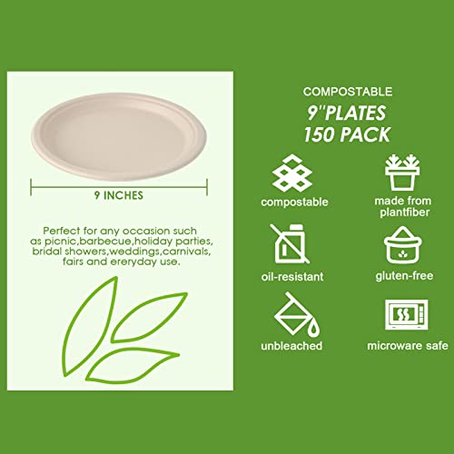 Vplus 150 Pack Compostable Bagasse Paper Plates 9 inch, Nature | Super Strong Paper Plates, 100% Bagasse, Natural Biodegradable, Perfect for Dinner, Gathering, and Picnic
