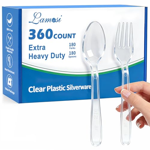 Lamosi 360 Count Extra Heavy Duty Clear Plastic Forks and Spoons | Disposable Plastic Silverware BPA-Free, Heat Resistant for Wedding Party Supplies, 180 Forks, 180 Spoons