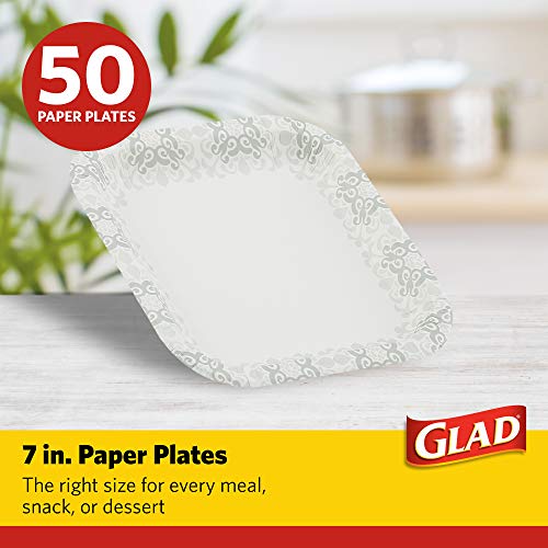 Glad Square Disposable Paper Plates, Grey Victorian, 7 Inch, 50 Count | Heavy-duty paper, soak-proof and cut-proof, microwaveable, parties and everyday meals