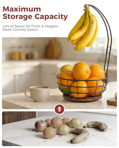 Sevenblue 360° Rotating Fruit Bowl for Kitchen Counter with Banana Holder | Stable Metal Basket with Wooden Lazy Susan Base, Upgraded Banana Hanger Prevents Bruising, Ideal for Fruits, Bananas & Snacks