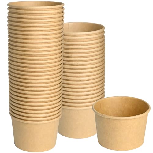 ESSENTIAL Paper Ice Cream Cups, 50 Pcs 8oz Paper Snack Bowls | Disposable Dessert Bowls for Hot or Cold Food, Paper Snack Containers for Sundae, Frozen Yogurt, Soup (Brown)