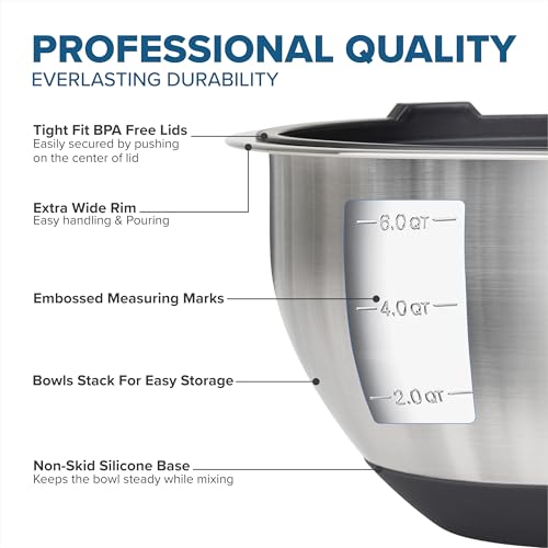 Viking Mixing Bowls Set, 10 Piece Stainless Steel Kitchen Cookware, Non-Slip Silicone Base, Includes Tight Fit Lids, Dishwasher Safe, Black