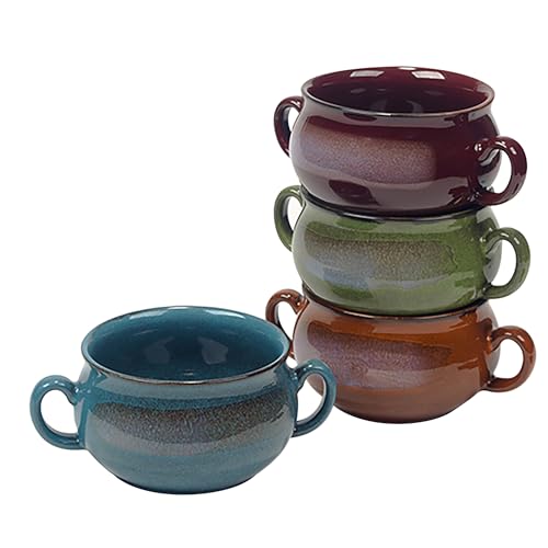 Stoneware 24oz Reactive Glaze Soup Crocks Set of 4: Perfect for soups, stews, and casseroles. Unique reactive glaze, oven-safe, microwave- and dishwasher-friendly with easy-grip handles for serving.