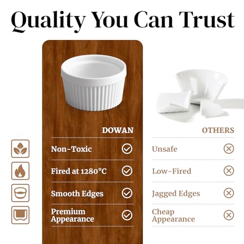 DOWAN 4 oz Ceramic Ramekins Set of 6, Oven Safe Souffle Dishes for Air Fryer Baking, Mini Round Baking Cups for Creme Brulee, Dipping Sauces, Desserts and Prep Bowls, White