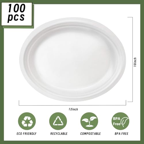 100 Pcs Compostable Oval Paper Plates 12 Inch - Heavy Duty Bagasse Platters - Biodegradable White Plates,Eco-Friendly Disposable Dinner Platters for BBQ,Picnic,Wedding,Party,Thanksgiving,Christmas