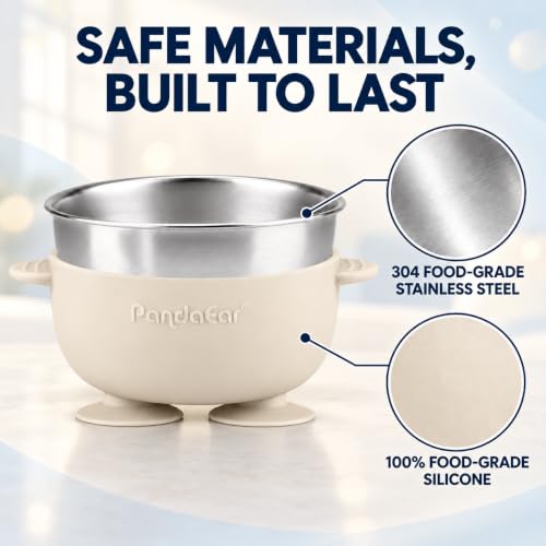 PandaEar 3 Pack Stainless Steel Baby Suction Bowls, Non-Slip Child Food Bowl with Silicone Sleeve for Kids Toddlers Infants, Unbreakable & Mess Free (Blue Green Beige)