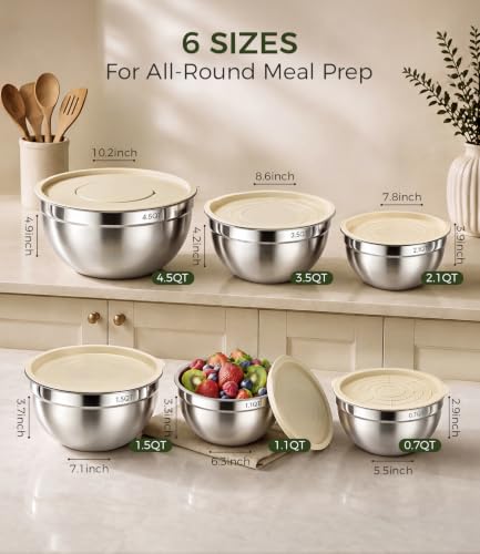 RFAPPMV Stainless Steel Mixing Bowls: 6-Piece Prep & Storage Set with Lids | Heavy-Gauge Anti-Warp - 0.7/1.1/1.5/2.1/3.5/4.5 QT Stainless Steel Bowls for Mixing & Serving - Stackable Set Saves 70% Space
