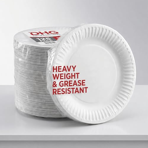 DHG PROFESSIONAL The Heavy Weight Standard 9-Inch Grease Resistant Paper Plates coated, White 125 Plates