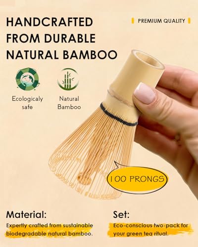 JUL WIND Matcha Whisk Set with 2-pack Bamboo Matcha Whisk | Handcrafted Traditional Japanese Chasen, 100-Prong Matcha Stirrer Wisk Mixer Brush for Authentic Matcha Tea Preparation