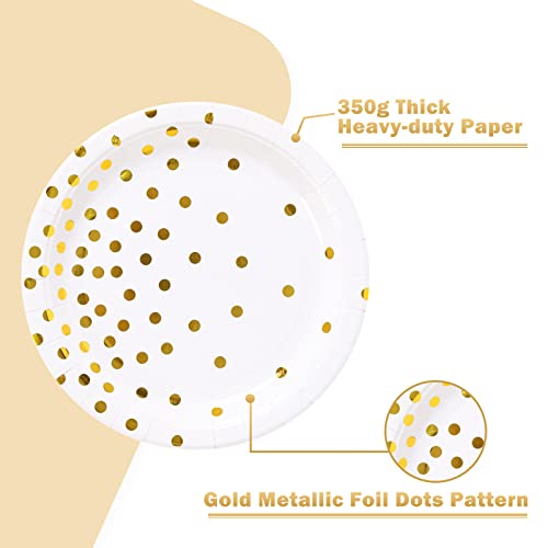 White and Gold Party Supplies,Gold Dot Paper Dessert Plates (50-Count) | 7inch Disposable White Gold Paper Party Plates for Birthday,Wedding,Bridal Showers,Christmas,Anniversaries,All Occasions
