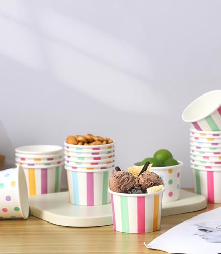 Winoo Design Small Ice Cream Cups Disposable - 50 PK - Paper Ice Cream Cups 4 oz Mini Sundae Bowls Treat Cups Containers (2 Assorted Designs 4oz Cups)