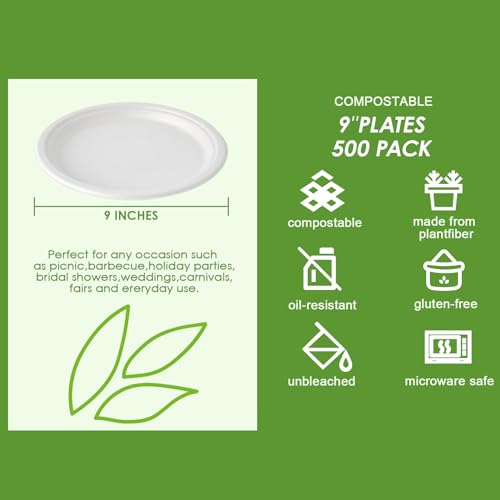 Vplus 500 Pack Compostable Bagasse Paper Plates 9 inch, White | Super Strong Paper Plates, 100% Bagasse, Natural Biodegradable, Perfect for Dinner, Gathering, and Picnic